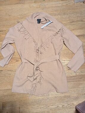 NWT NICOLE MILLER TAN TIE FRONT FULL LENGTH CARDIGAN WITH FRINGE SIZE M